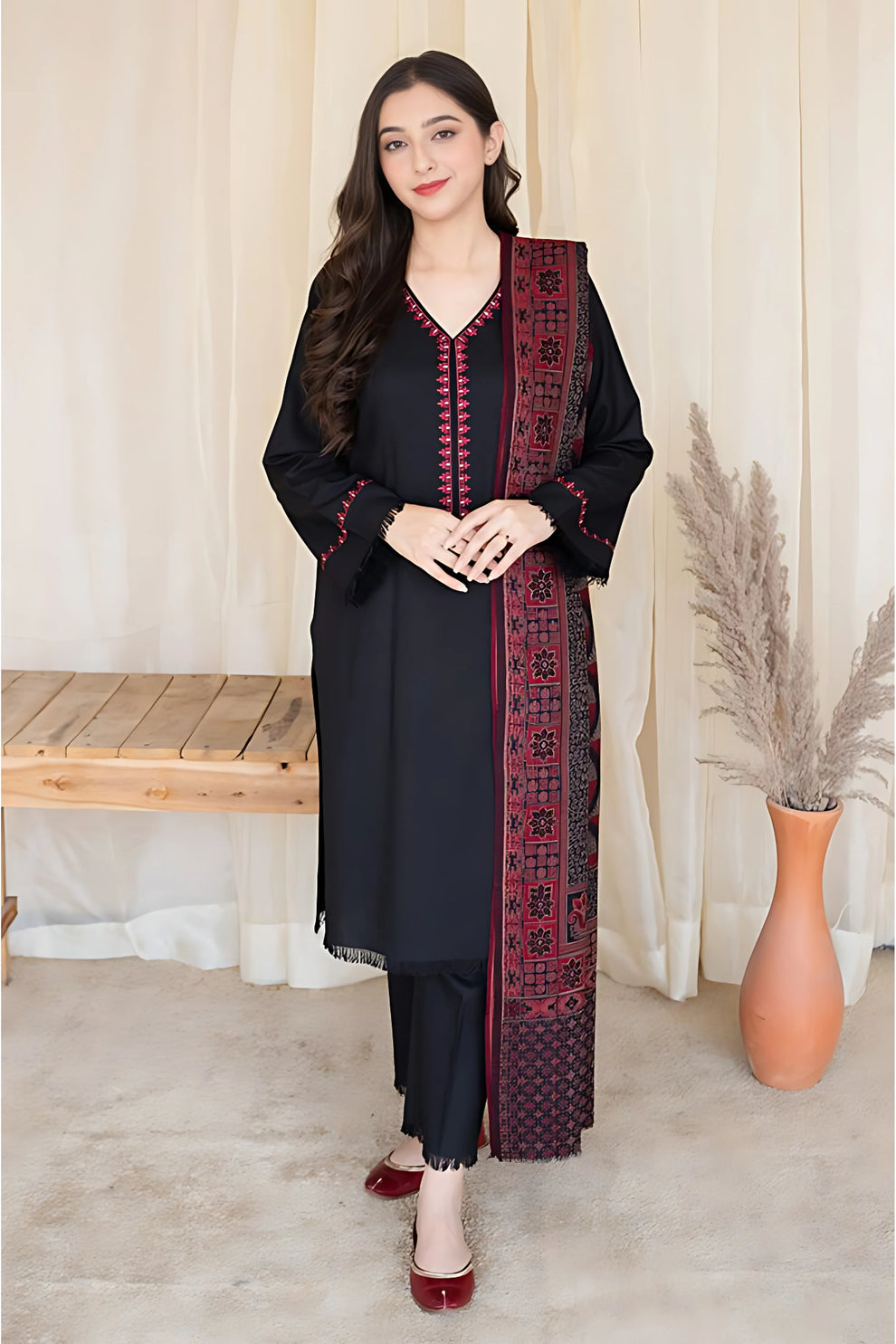 3 Piece Dhanak Shirt with Printed Wool Shawl MB 835