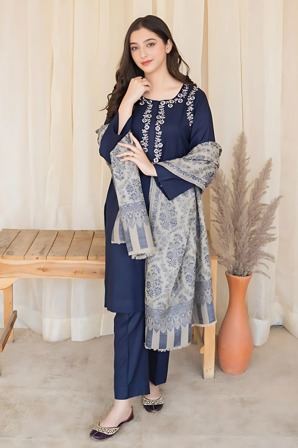 3 Piece Embroidered Shirt with Printed Wool Shawl MB 830