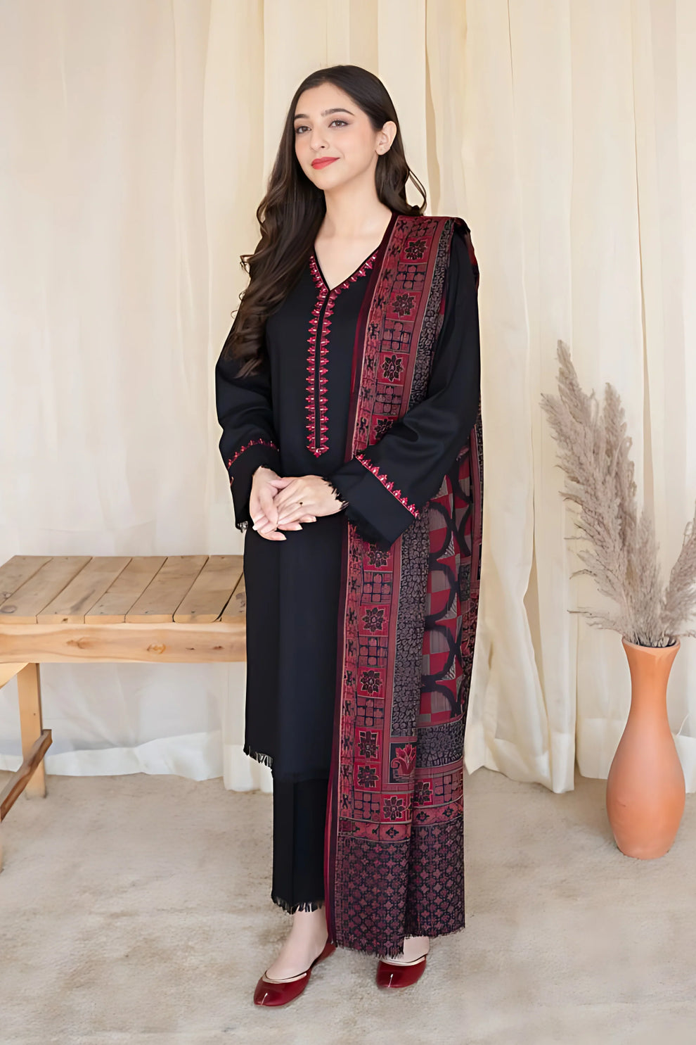 3 Piece Dhanak Shirt with Printed Wool Shawl MB 835