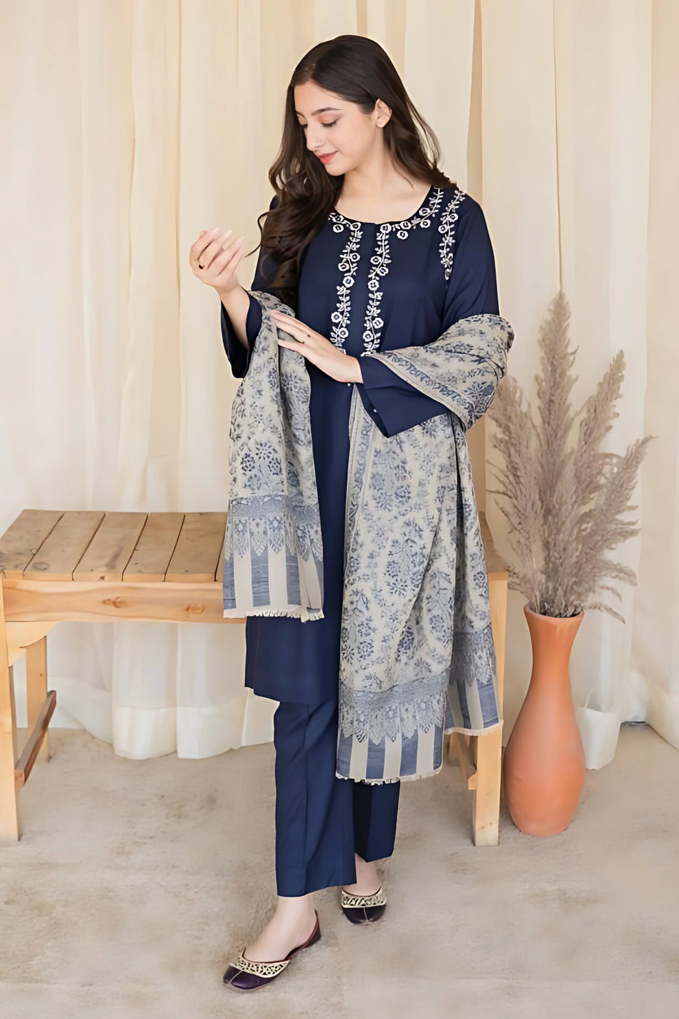 3 Piece Embroidered Shirt with Printed Wool Shawl MB 830