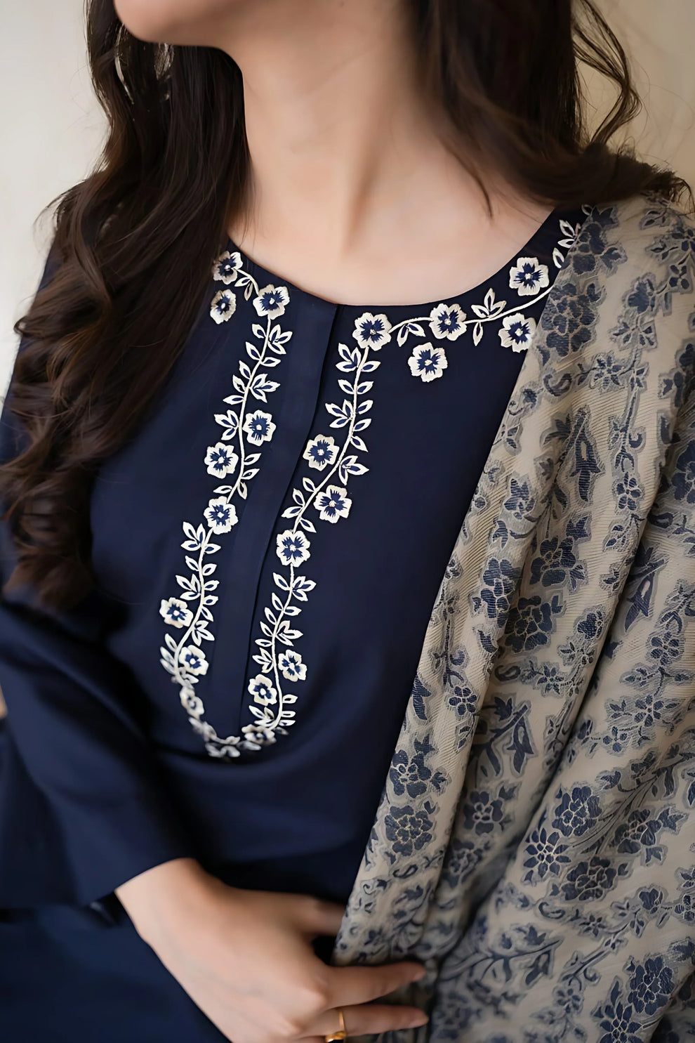 3 Piece Embroidered Shirt with Printed Wool Shawl MB 830