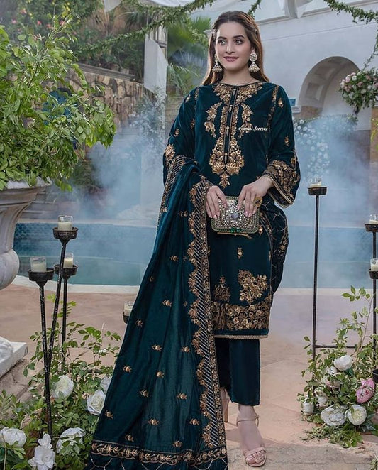 3 Piece Embroidered Velvet Shirt and Shawl with Silk Trouser MB 1060