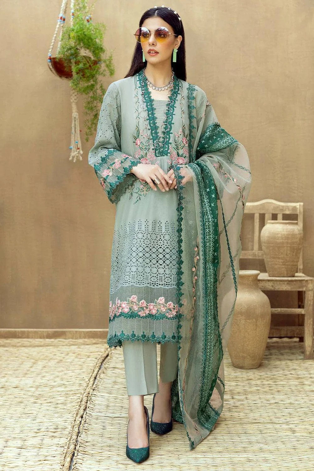 3 Piece Embroidered Lawn Shirt with Embroidered Organza dupatta LM 16