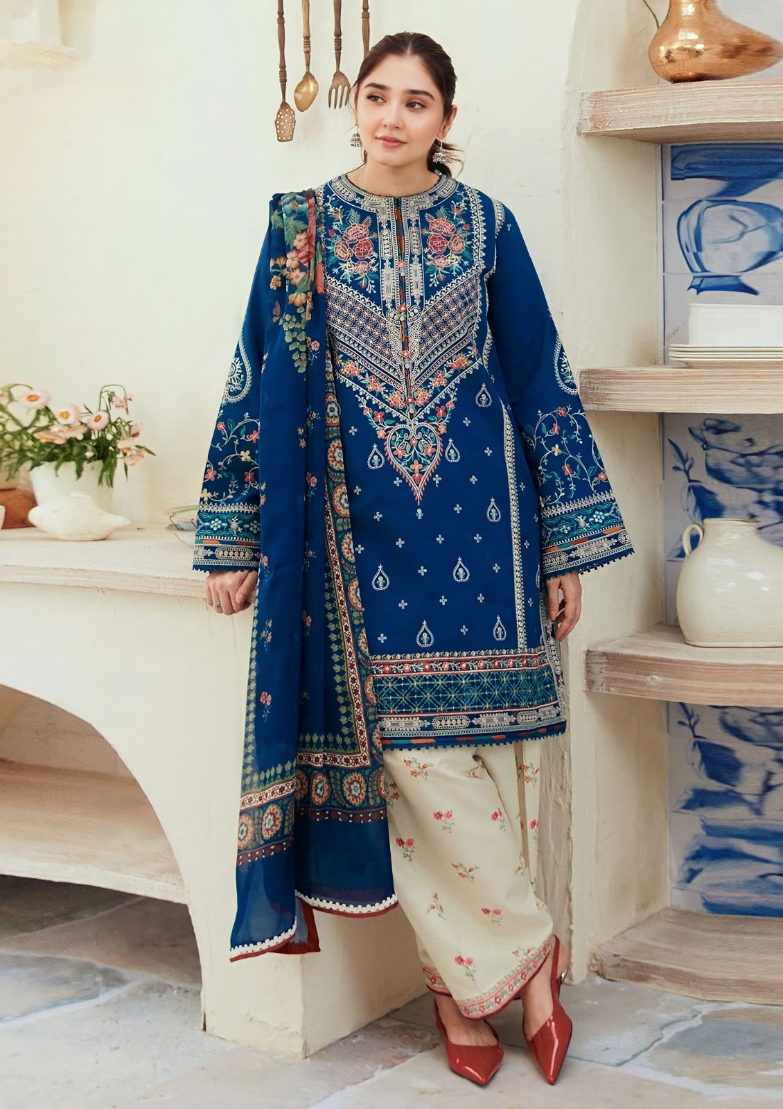 3 Piece Embroidered Lawn Shirt and Trouser with Printed Poly Lawn Dupatta ZS 50L