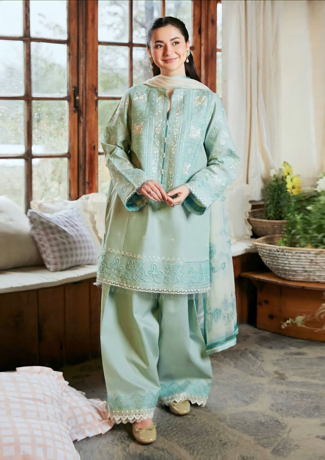 3 Piece Embroidered Lawn Shirt with Printed Chiffon Duppata ZS 49