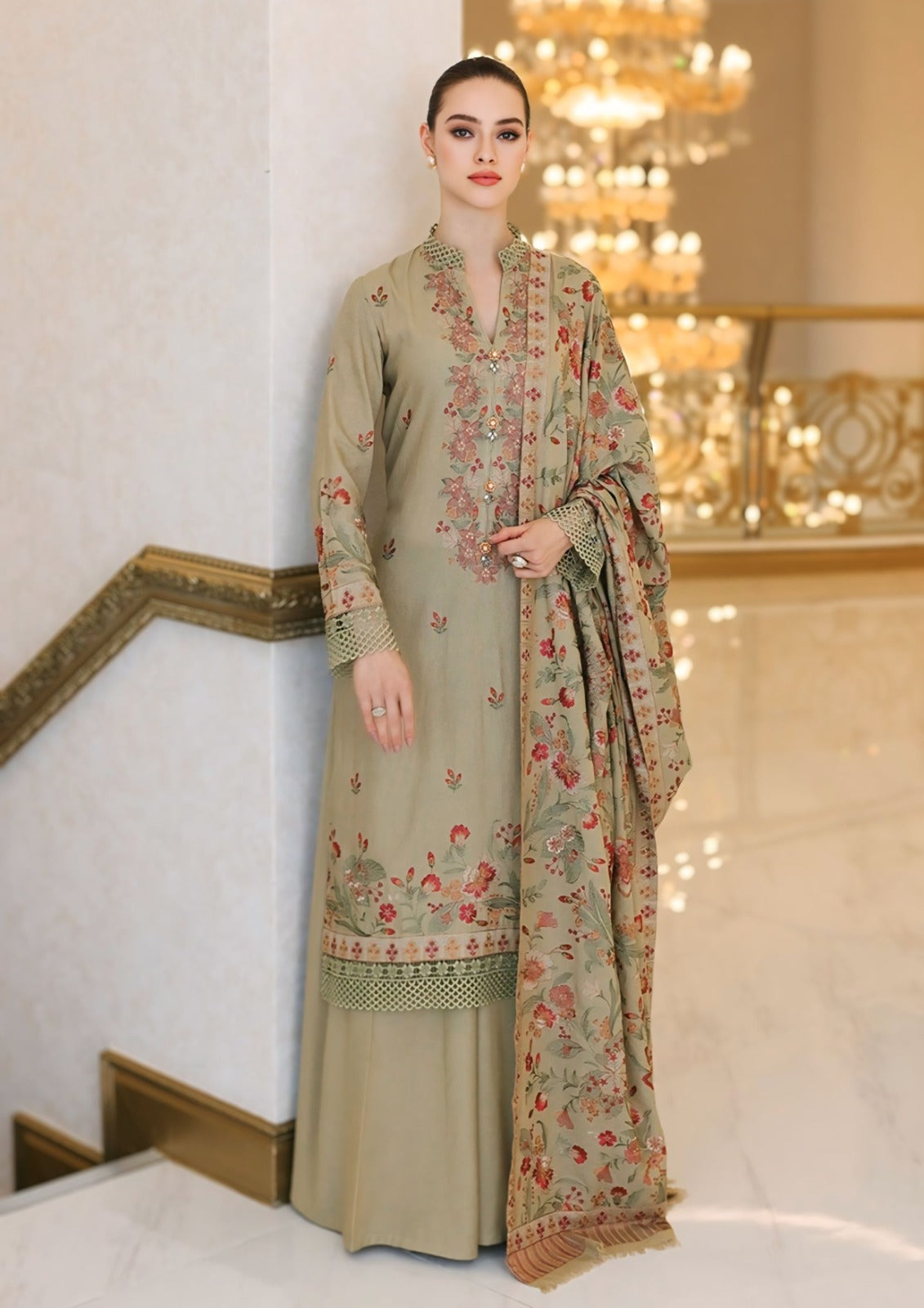 3 Piece Embroidered Dhanak Front with Embroidered Dhanak Shawl BR 955