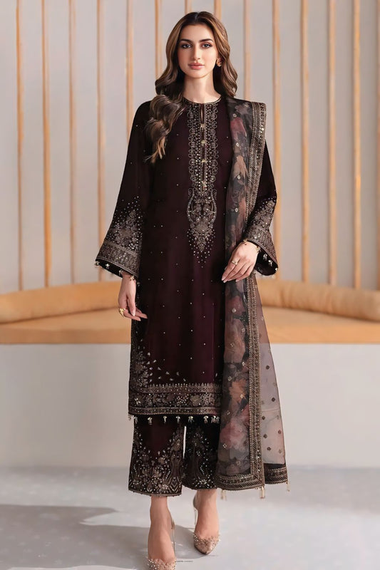 3 Piece Embroidered Velvet Shirt and Trouser with Printed Organza Dupatta BQ 1015