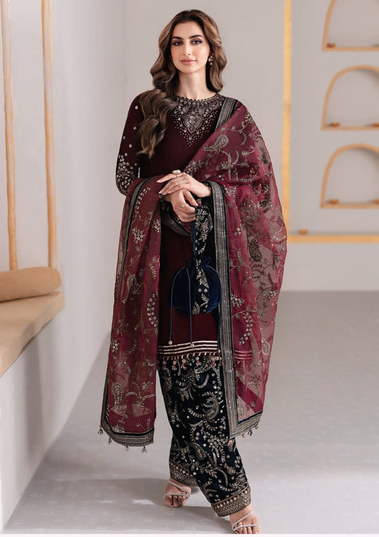 3 Piece Embroidered Velvet Shirt and Trouser with Embroidered Organza Dupatta BQ 1010