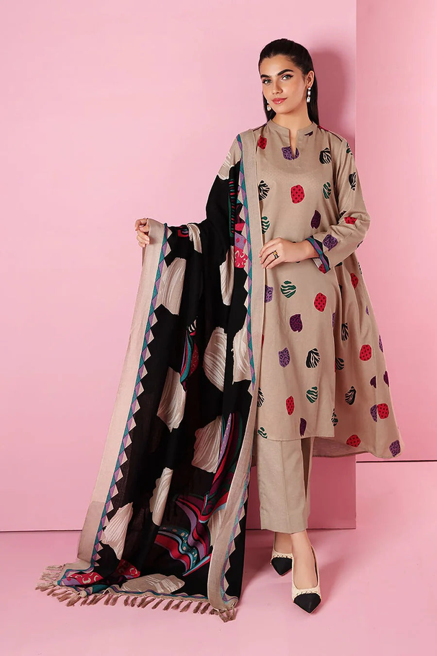 3 Piece Embroidered Dhanak Shirt with Printed Wool Shawl NS01