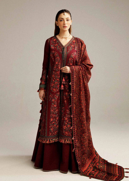 3 Piece Embroidered Dhanak Shirt with Printed Wool Shawl HR 730