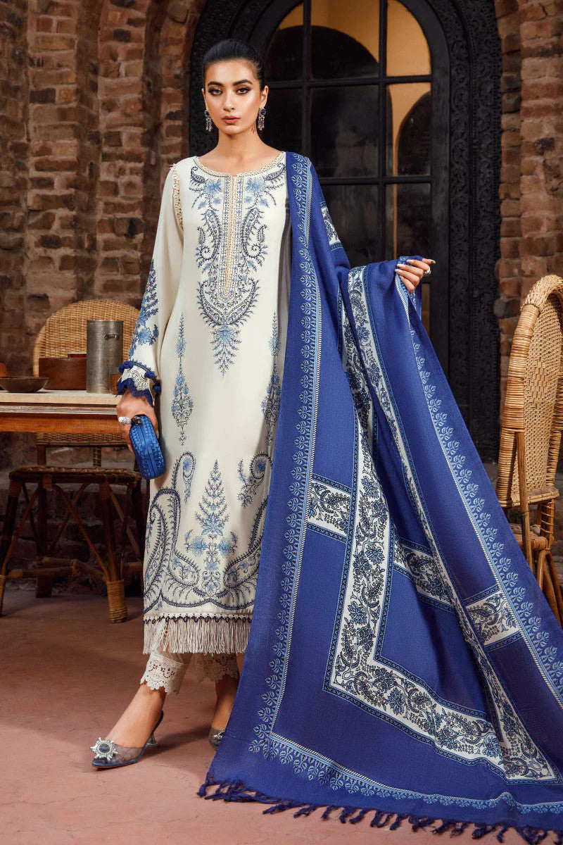 3 Piece Embroidered Dhanak Shirt with Printed Wool Shawl MB 715