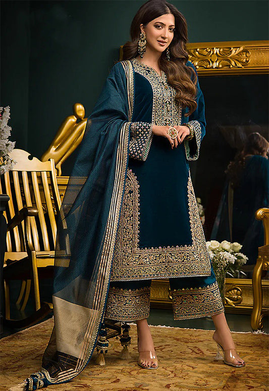 3 Piece Embroidered Velvet Shirt and Trouser AJ 1025