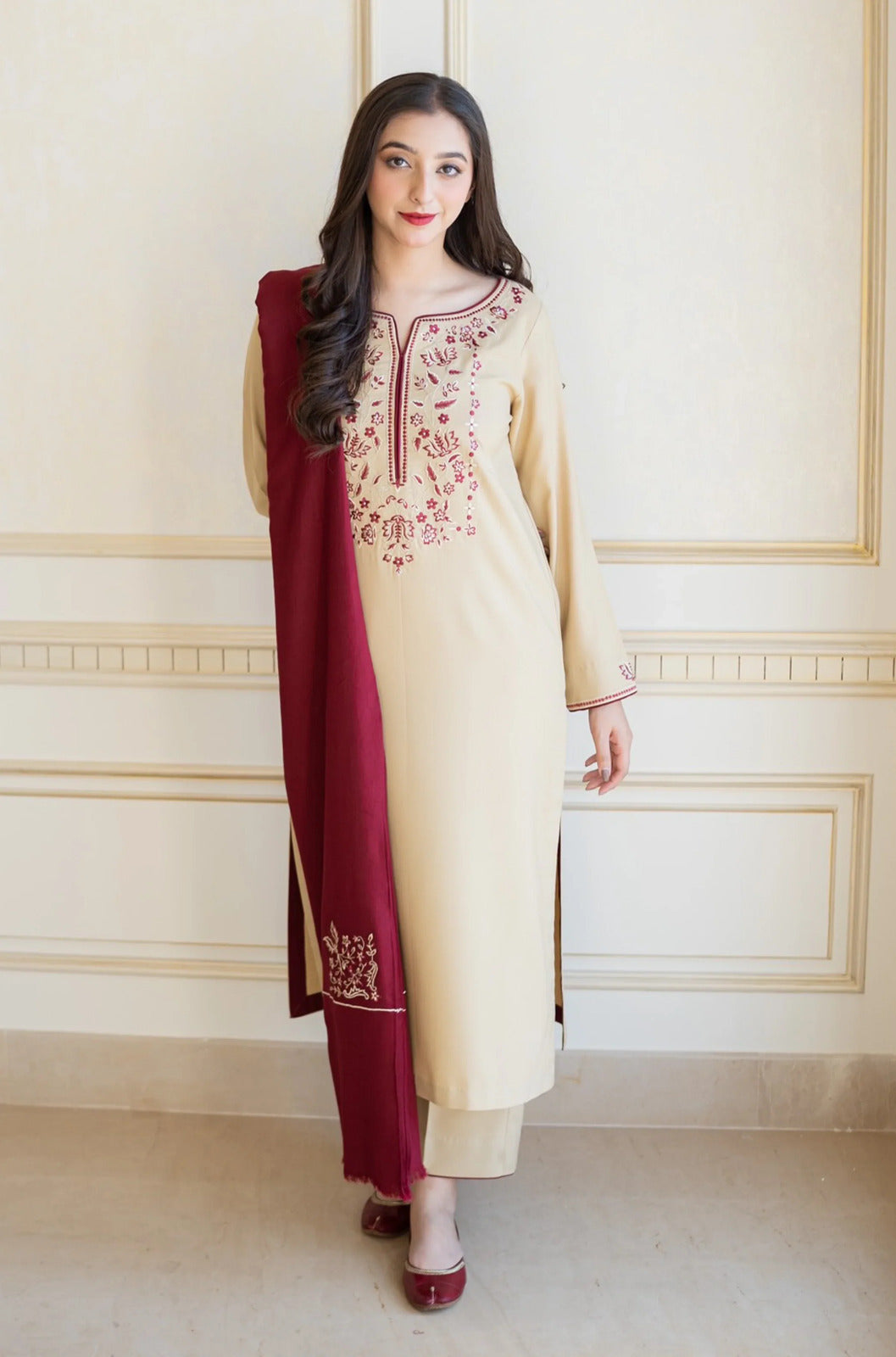 3 Piece Embroidered Dhanak Shirt with Dhanak Dupatta AS 25