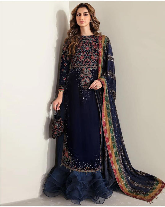 3 Pcs Embroidered Velvet Shirt and Chiffon Dupatta with Silk Trouser JZ 990