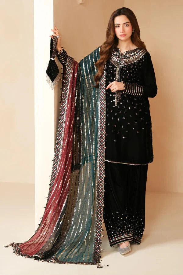 3 Pcs Embroidered Velvet Shirt and Trouser with Embroidered Chiffon dupatta JZ 995