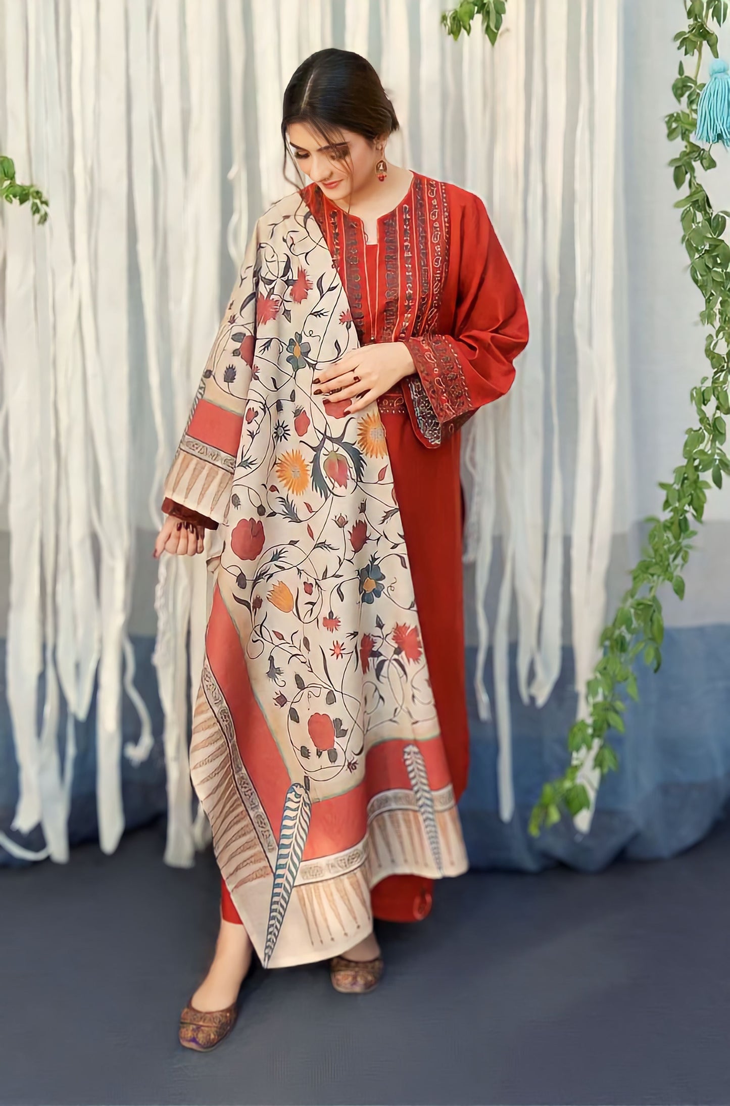 3 Piece Embroidered Dhanak Shirt with Printed wool shawl BR 845