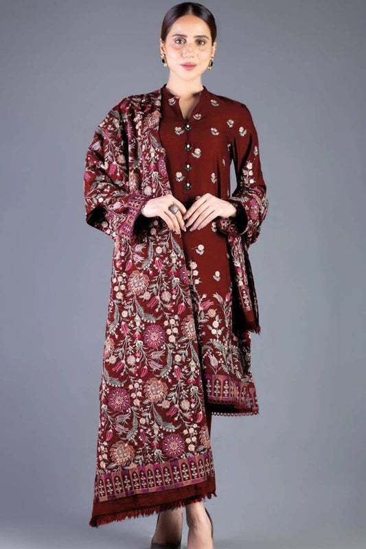 3 Piece Embroidered Dhanak Shirt with Embroidered Dhanak Shawl BR 655