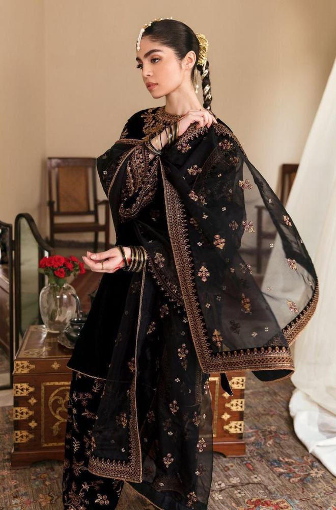 3 Piece Velvet Embroidered Shirt and Trouser with Embroidered Organza Dupatta BR 804