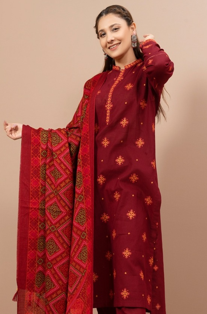 3 Piece Embroidered Dhanak Shirt WithPrinted Wool Shawl RS 705