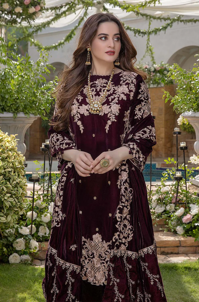 3 Piece Embroidered Velvet Shirt and Shawl with Silk trouser MB 1065