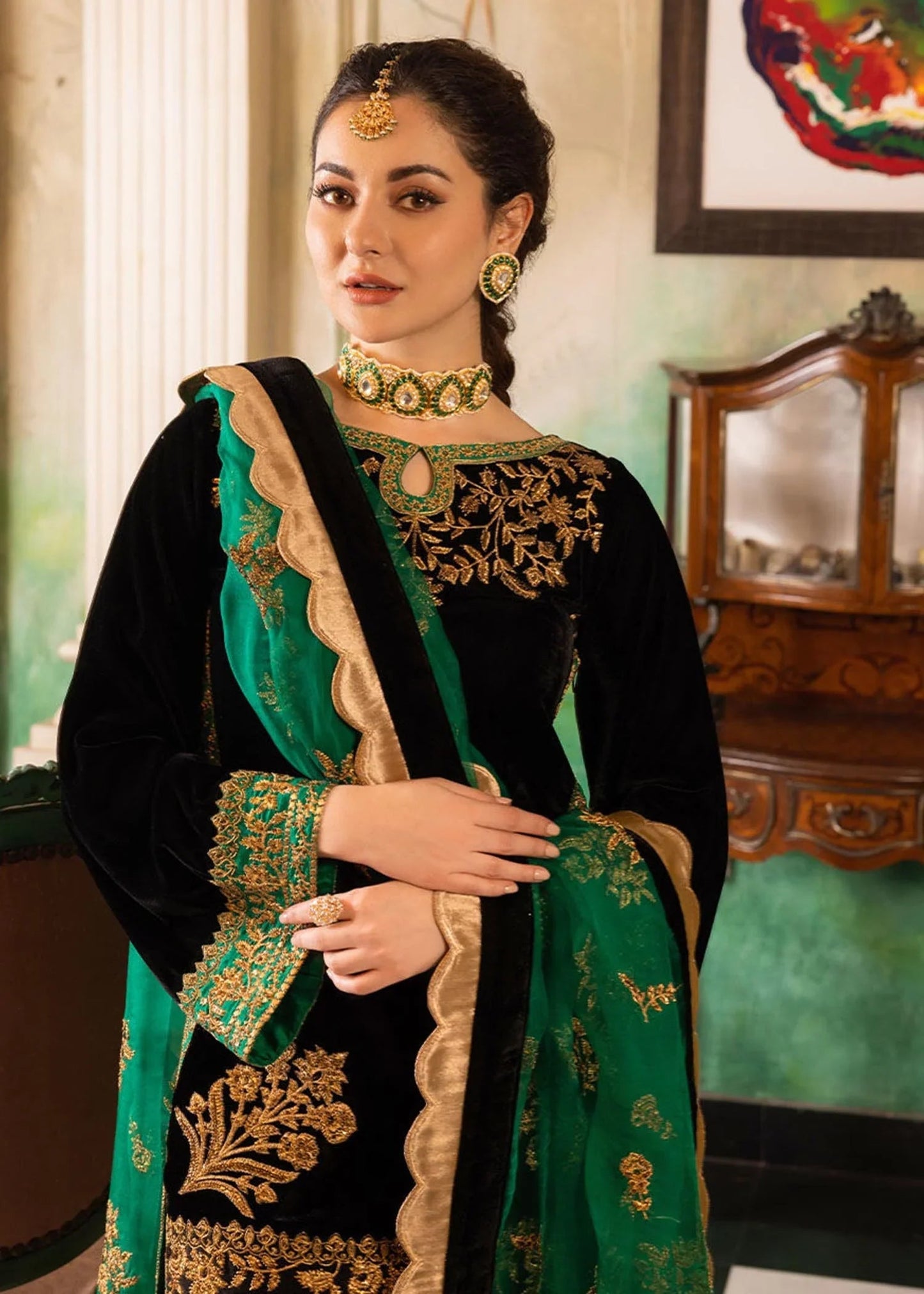 3 Piece Embroidered Velevt Shirt  and Trouser with Embroidered Organza Dupatta JZ 953