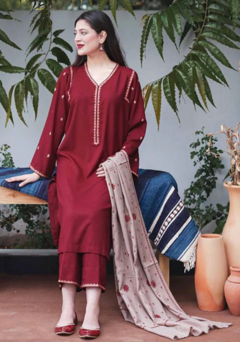 3 Piece Embroidered dhanak Shirt with Embroidered dhanak shawl BR 1110