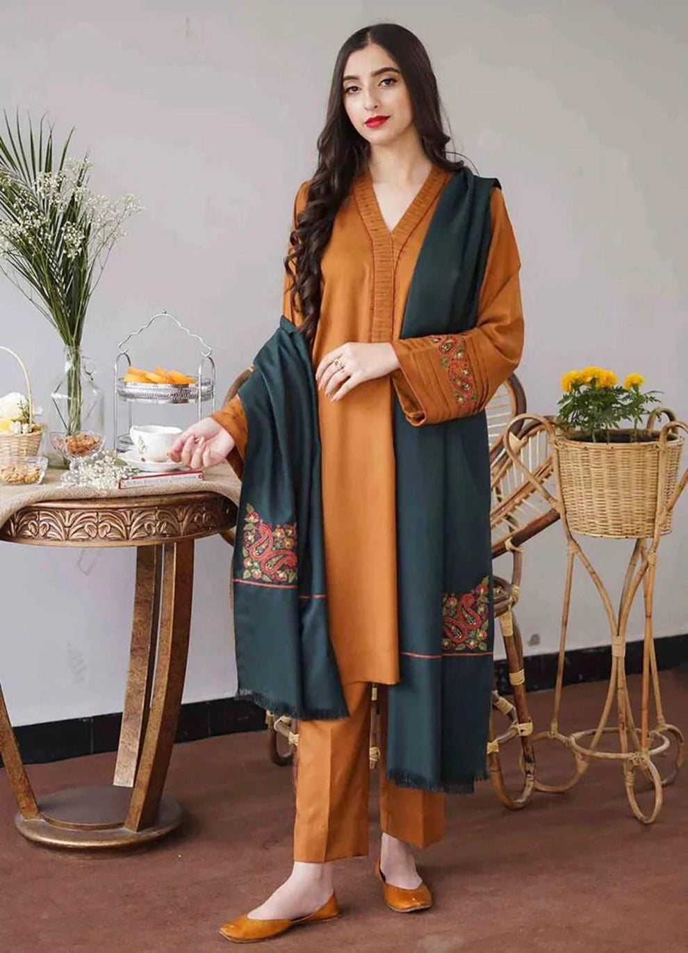 3 Piece Embroidered Dhanak Shirt With Embroided Dhanak shawl GA 1120