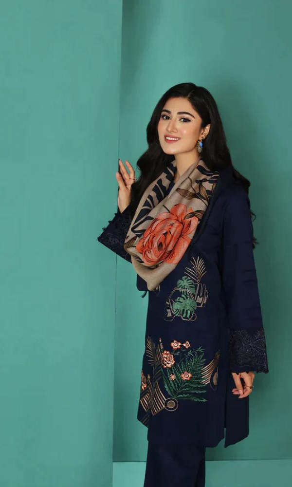 3 Piece Embroidered Dhanak Shirt with Printed Wool Shawl NS 195