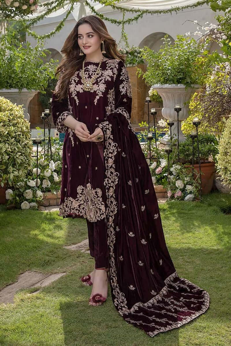 3 Piece Embroidered Velvet Shirt and Shawl with Silk trouser MB 1065