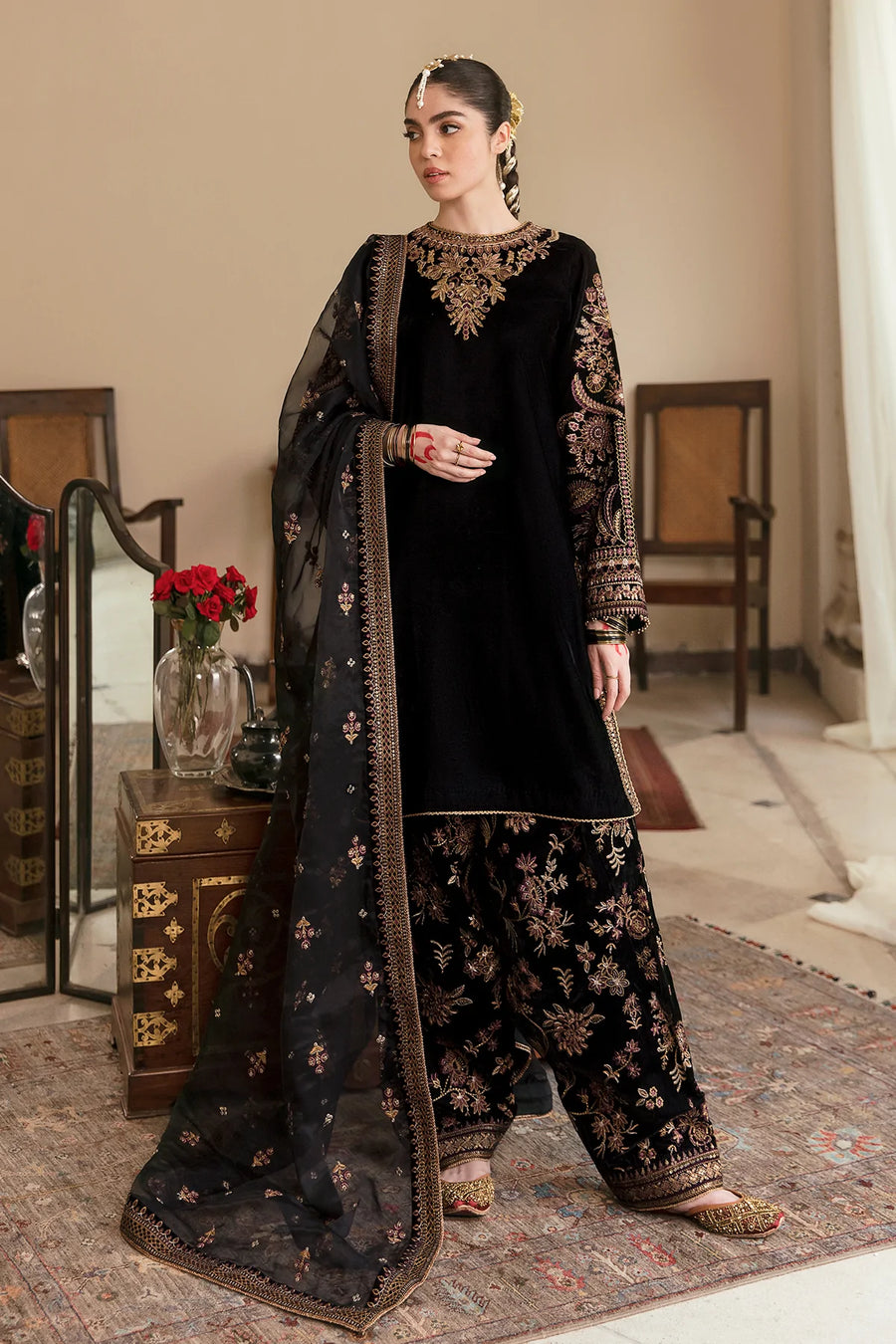 3 Piece Velvet Embroidered Shirt and Trouser with Embroidered Organza Dupatta BR 804