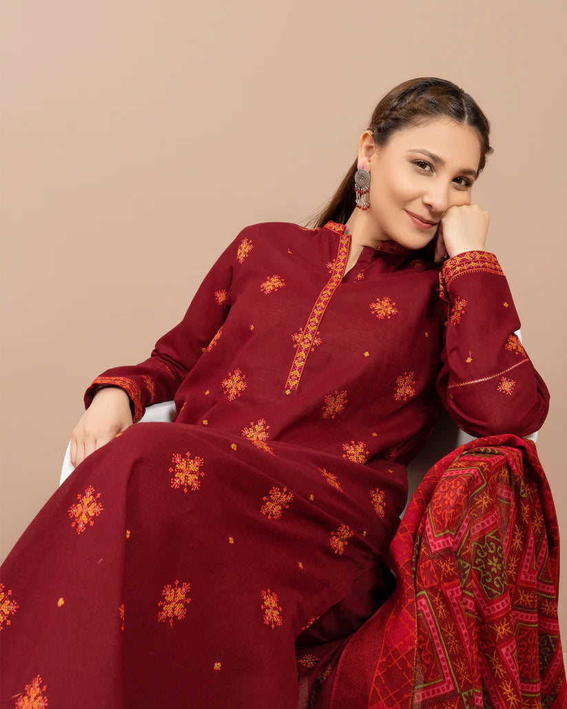 3 Piece Embroidered Dhanak Shirt WithPrinted Wool Shawl RS 705