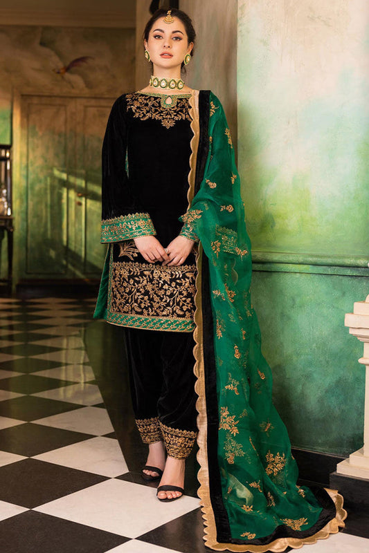 3 Piece Embroidered Velevt Shirt  and Trouser with Embroidered Organza Dupatta JZ 953