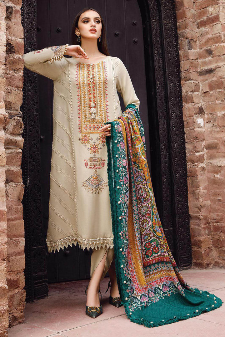 3 Piece Embroidered Dhanak Shirt with Printed Wool Shawl RM 670