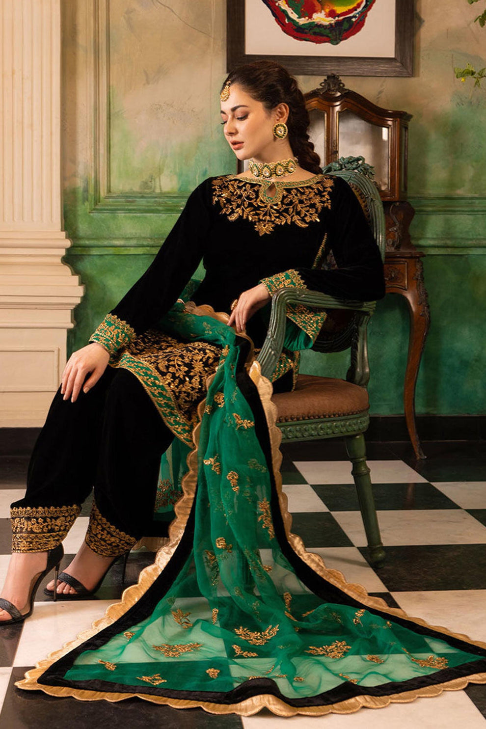 3 Piece Embroidered Velevt Shirt  and Trouser with Embroidered Organza Dupatta JZ 953