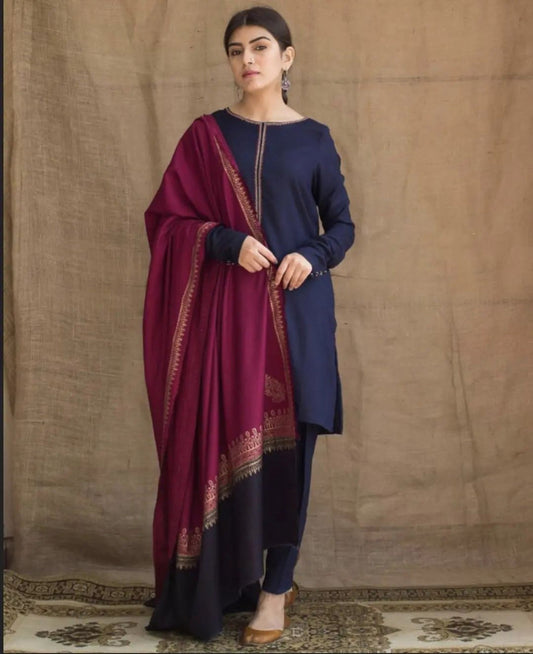 3 Piece Dhanak Shirt with Printed Wool Shawl AG 1115