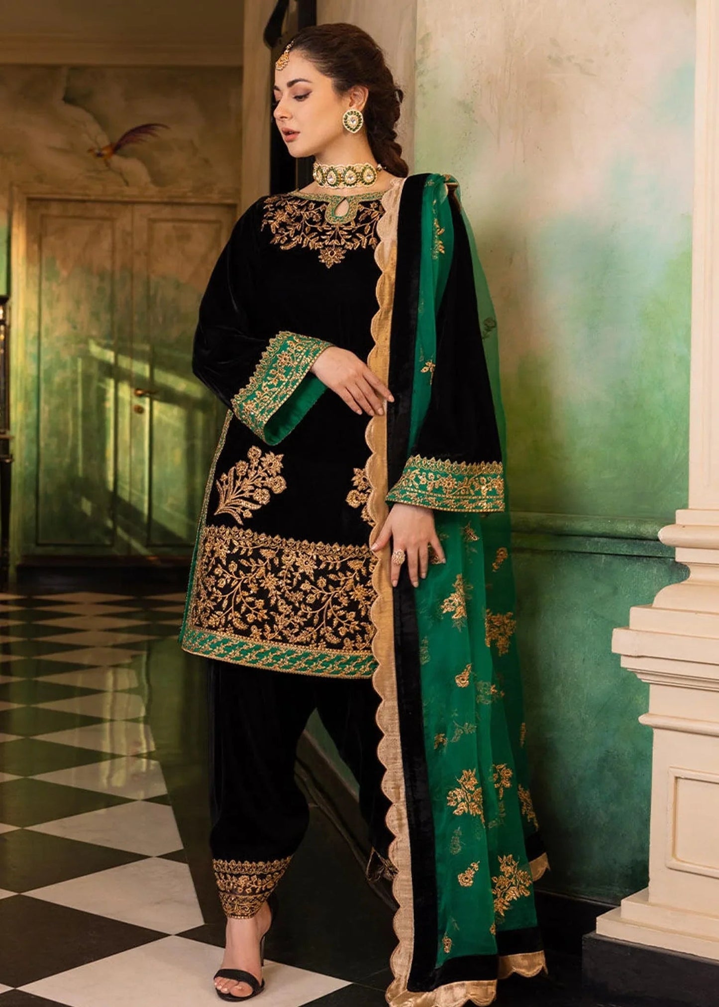 3 Piece Embroidered Velevt Shirt  and Trouser with Embroidered Organza Dupatta JZ 953