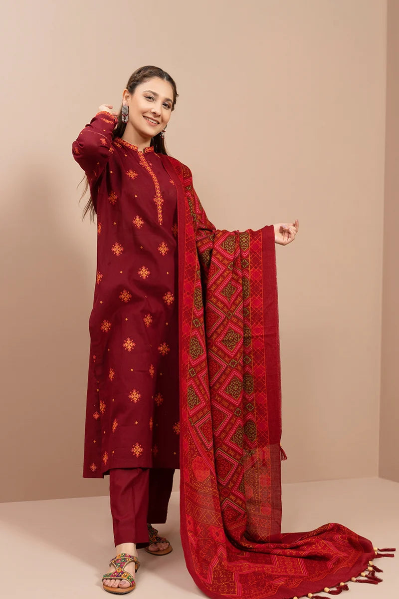 3 Piece Embroidered Dhanak Shirt WithPrinted Wool Shawl RS 705