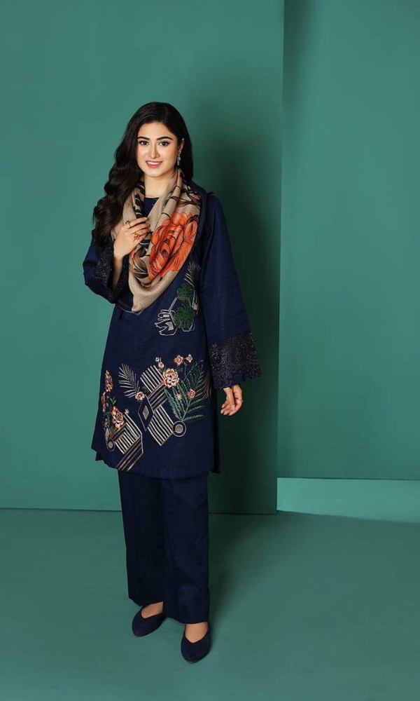 3 Piece Embroidered Dhanak Shirt with Printed Wool Shawl NS 195