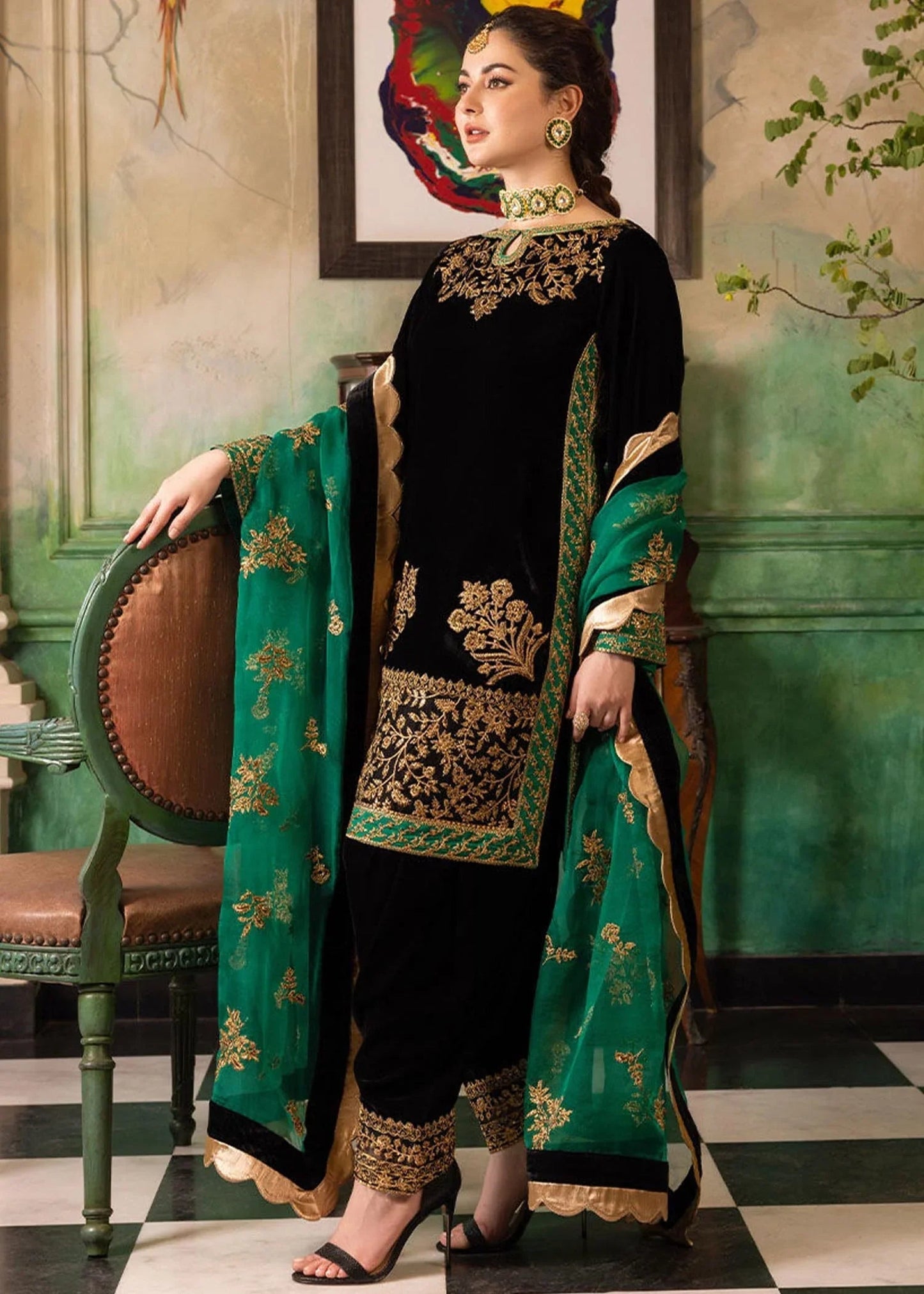 3 Piece Embroidered Velevt Shirt  and Trouser with Embroidered Organza Dupatta JZ 953