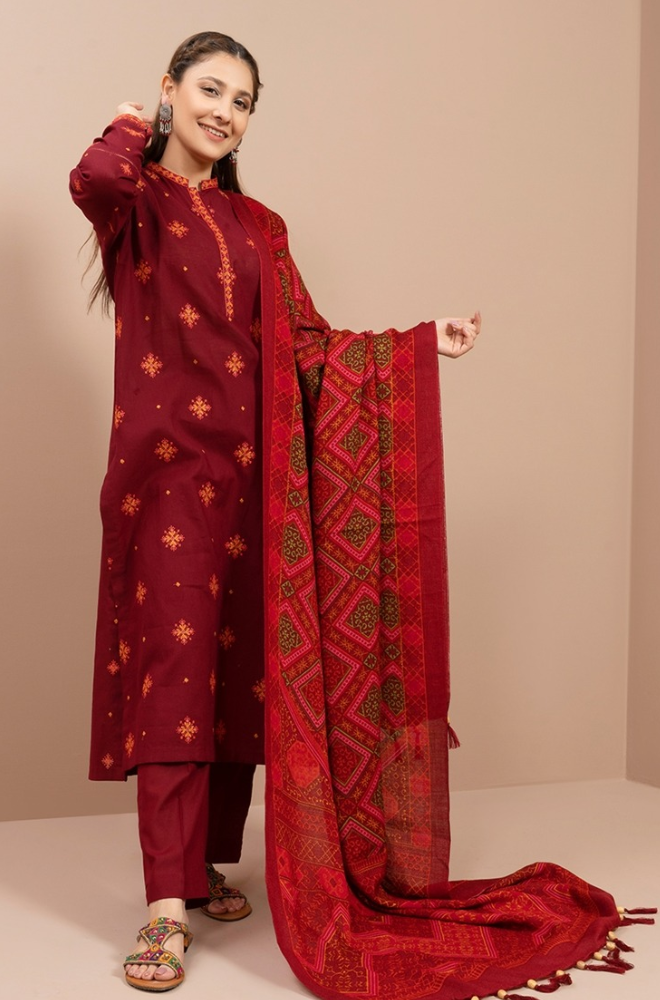 3 Piece Embroidered Dhanak Shirt WithPrinted Wool Shawl RS 705