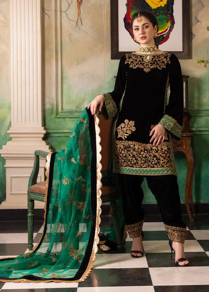 3 Piece Embroidered Velevt Shirt  and Trouser with Embroidered Organza Dupatta JZ 953